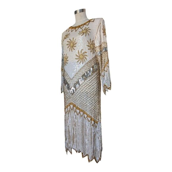 Great Gatsby Vintage White 💯 Silk Sequin Beaded Starburst Midi Shift Dress S - Picture 15 of 17